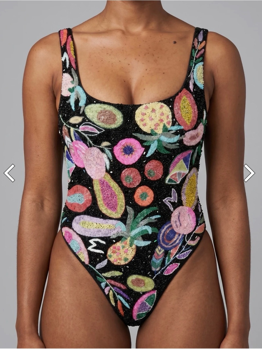 Black One-Piece Swimsuit with Multicolor Sequin Fruit Motif